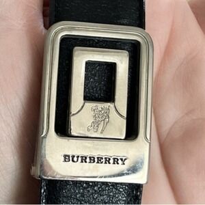 Vintage 90s Burberry Belt Black Leather Silver Buckle Size 42 Logo